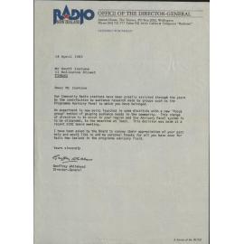Radio New Zealand letter to Geoff Instone