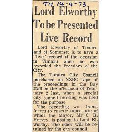 Lord Elworthy to be Presented Live Record