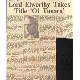 Lord Elworthy Takes Title 'Of Timaru'