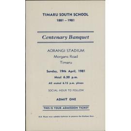 Timaru South School Centenary Banquet ticket