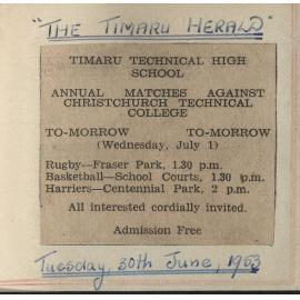 Timaru Technical High School: Annual Matches Against Christchurch Technical College To-morrow