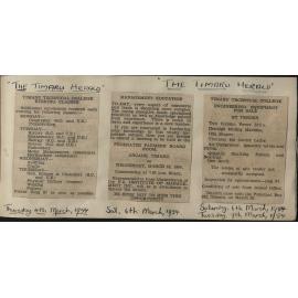 Timaru Technical College advertisements: Evening classes/management education/engineering equipment for sale