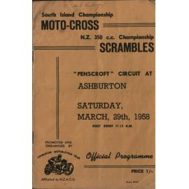South Island Championship Moto-Cross NZ 350cc Championship Scrambles Programme 1958