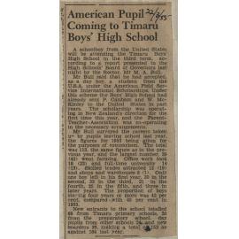 American Pupil Coming to Timaru Boys' High School
