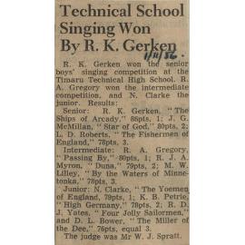 Technical School Singing Won by R K Gerken