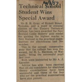 Technical School Student Wins Special Award