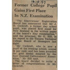 Former College Pupil Gains First Place in NZ Examination
