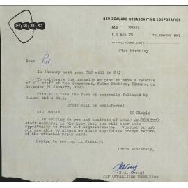 New Zealand Broadcasting Corporation letter re 3ZC 21st Birthday Reunion