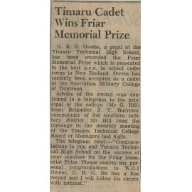 Timaru Cadet Wins Friar Memorial Prize