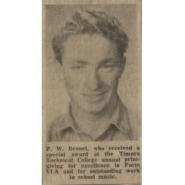 P W Bennet, who received a special award at the Timaru Technical College annual prizegiving