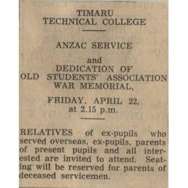 Timaru Technical College ANZAC Service