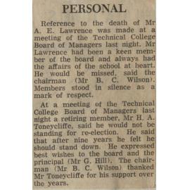 Personal: Reference to the death of Mr A E Lawrence