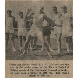 R M McCone puts the shot in the senior event at the Timaru Technical College Sports