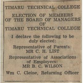 Timaru Technical College Election Of Members Of The Board Of Managers