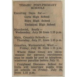 Timaru Post Primary Schools Enrolling Days