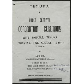 Temuka Queen Carnival Coronation Ceremony programme 1949