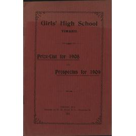 Timaru Girls High School Prize List for 1908 and Prospectus for 1909