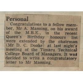 A Manning awarded MBE