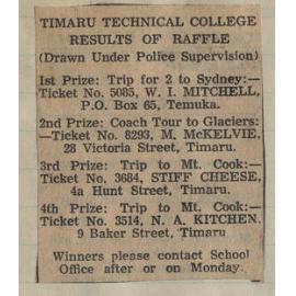 Timaru Technical College Results of Raffle