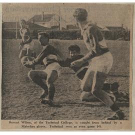 Stewart Wilson, of the Technical College, caught by a Mairehau player