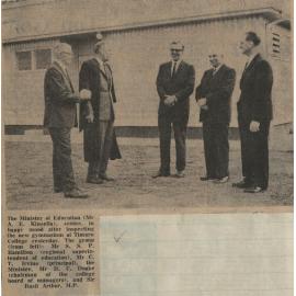 The Minister of Education in happy mood after inspecting the new gymnasium at Timaru College