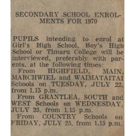 Secondary School Enrolments For 1970