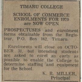 Timaru College School of Commerce Enrolments for 1970 are Now Open