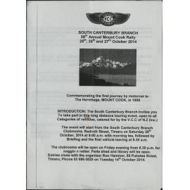 SC Vintage Car Club Mt Cook Rally 2014 programme