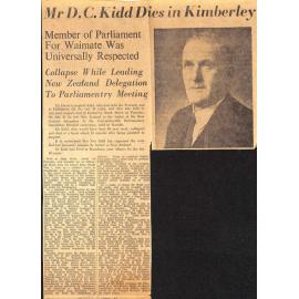 Mr D C Kidd Dies in Kimberley: MP For Waimate Was Universally Respected