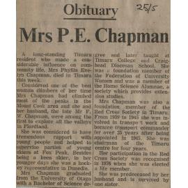 Obituary: Mrs P E Chapman