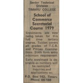 Senior Technical Division Timaru College: School of Commerce Secretarial Course advertisement