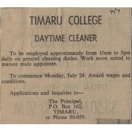 Timaru College Daytime Cleaner advertisement