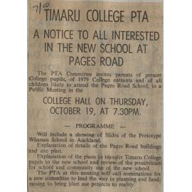 Timaru College PTA notice to all interested in the new school at Pages Road