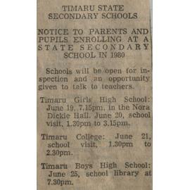 Timaru State Secondary Schools: Notice to Parents