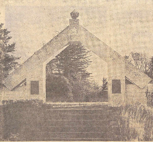 Photo of the Te Kāmaka o Arowhenua, the Rātana memorial at Arowhenua.
Image from The Timaru Herald
26 Jul 1972.