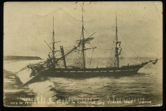 	The 'City of Perth' (right) and the wreckage of the 'Benvenue' (left) at the base of the cliffs, later to be known as the Benvenue Cliffs, at Timaru in May 1882.
Image courtesy of the South Canterbury Museum, item 2014/056.01. Please contact the museum for more information.