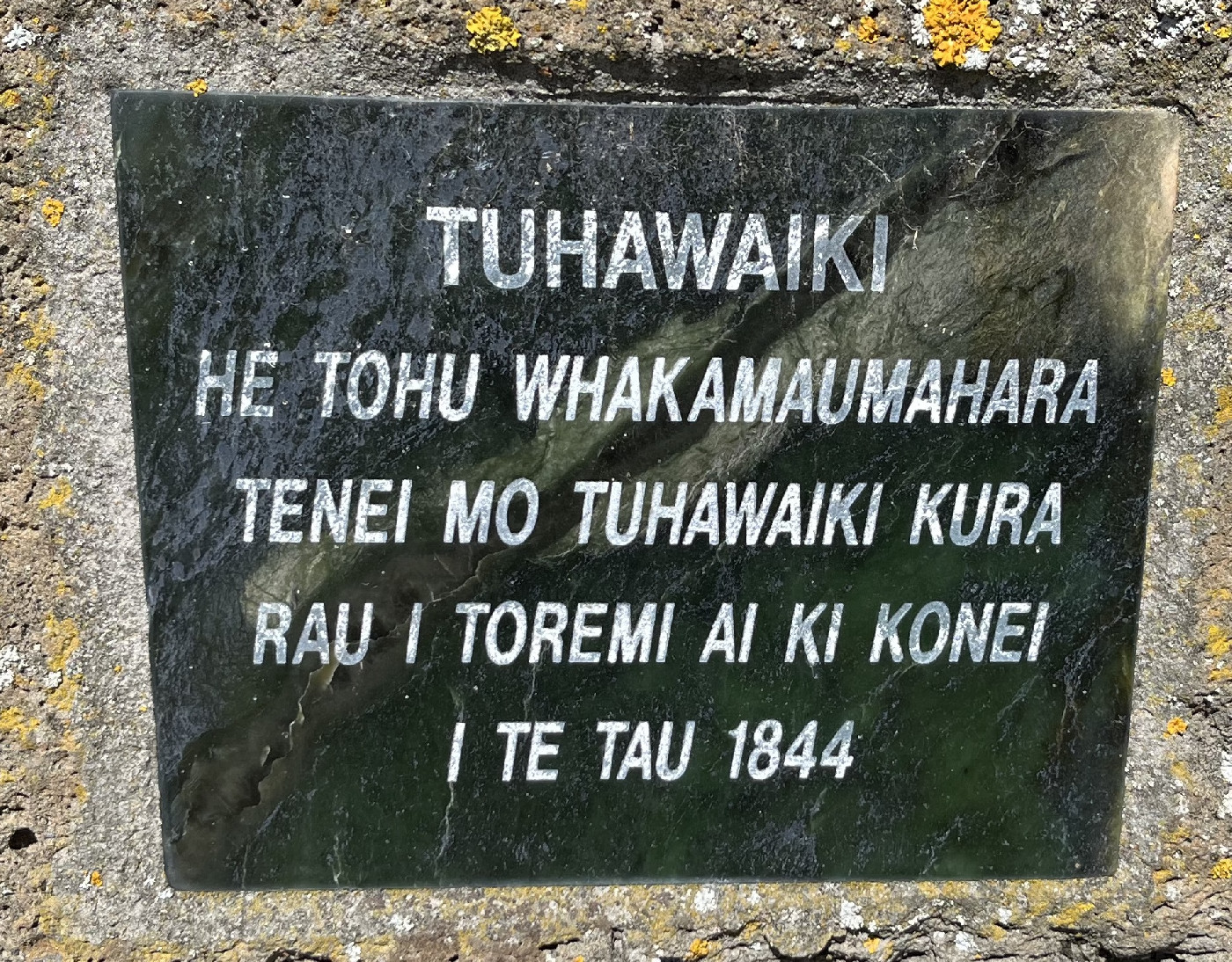 Image of the plaque on the Tūhawaiki monument.  TDL image 2023.