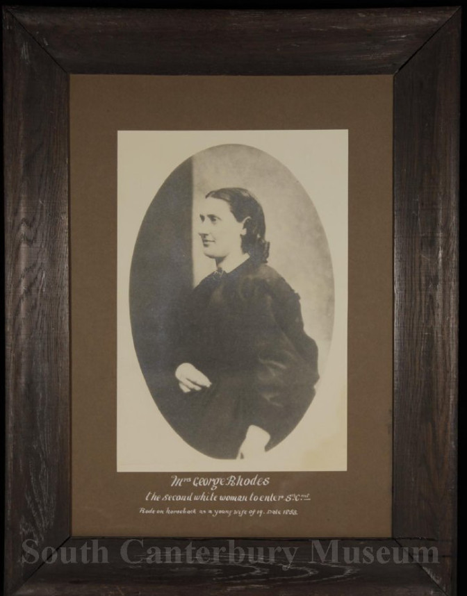 	Oval portrait entitled "Mrs George Rhodes the second white woman to enter South Canterbury : rode on horseback as a young wife of 19. Date 1853."
Image courtesy of South Canterbury Museum, 2015/154.032. Contact the museum for more information.