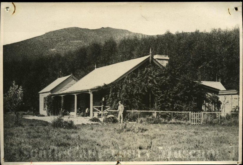 The Grant family beside their homestead on Grays Hills Station, McKenzie, circa 1885.
Image courtesy of the South Canterbury Museum, item 1879. Please contact the museum for more information.