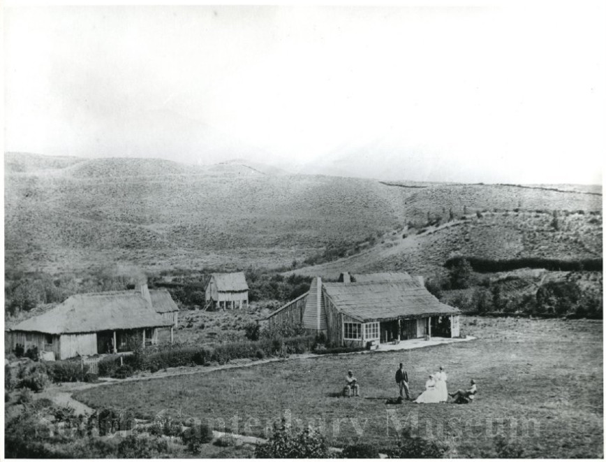 Buildings at Mesopotamia Station, circa 1870.
Image courtesy of the South Canterbury Museum, item 1942. Please contact the museum for more information.